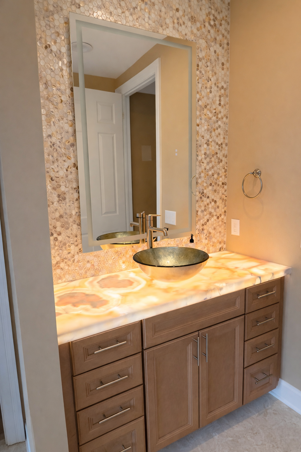Modern Bathroom with backlit onyx surfaces